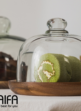 蛋糕展示托盘玻璃罩甜品展示盒实木盘展示架蛋糕罩点心糕点防尘罩