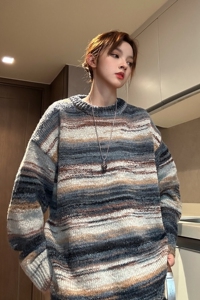 中性风 美式复古慵懒风圆领套头情侣毛衣撞色针织衫男女 H907 P78图片