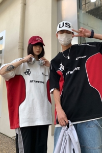 情侣装重磅 美式高街宽松机车服撞色情侣短袖T恤印花半袖 H854图片