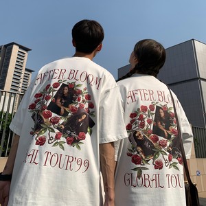 情侣装夏装 复古玫瑰花印花情侣短袖T恤衫大码宽松 H743 P30女类图片