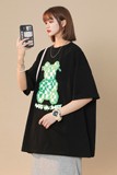 中性风夏装棋盘格小熊印花短袖T恤宽松大码半袖H719P30女类，女装T恤，电商A341