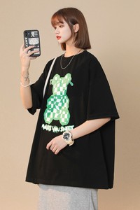 中性风夏装 棋盘格小熊印花短袖T恤宽松大码半袖 H719 P30女类图片