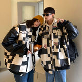 情侣装冬装潮牌黑白格棒球服情侣夹克棉衣外套H684P118控148男，男装棉衣，电商A341