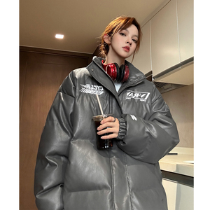 中性风冬装美式印花机车皮棉服PU情侣棉衣面包服外套男女H909P128图片