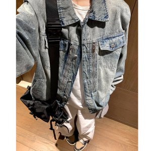中性风秋装 美式复古重工垫肩牛仔衣夹克多拉链外套男女H885 P105图片