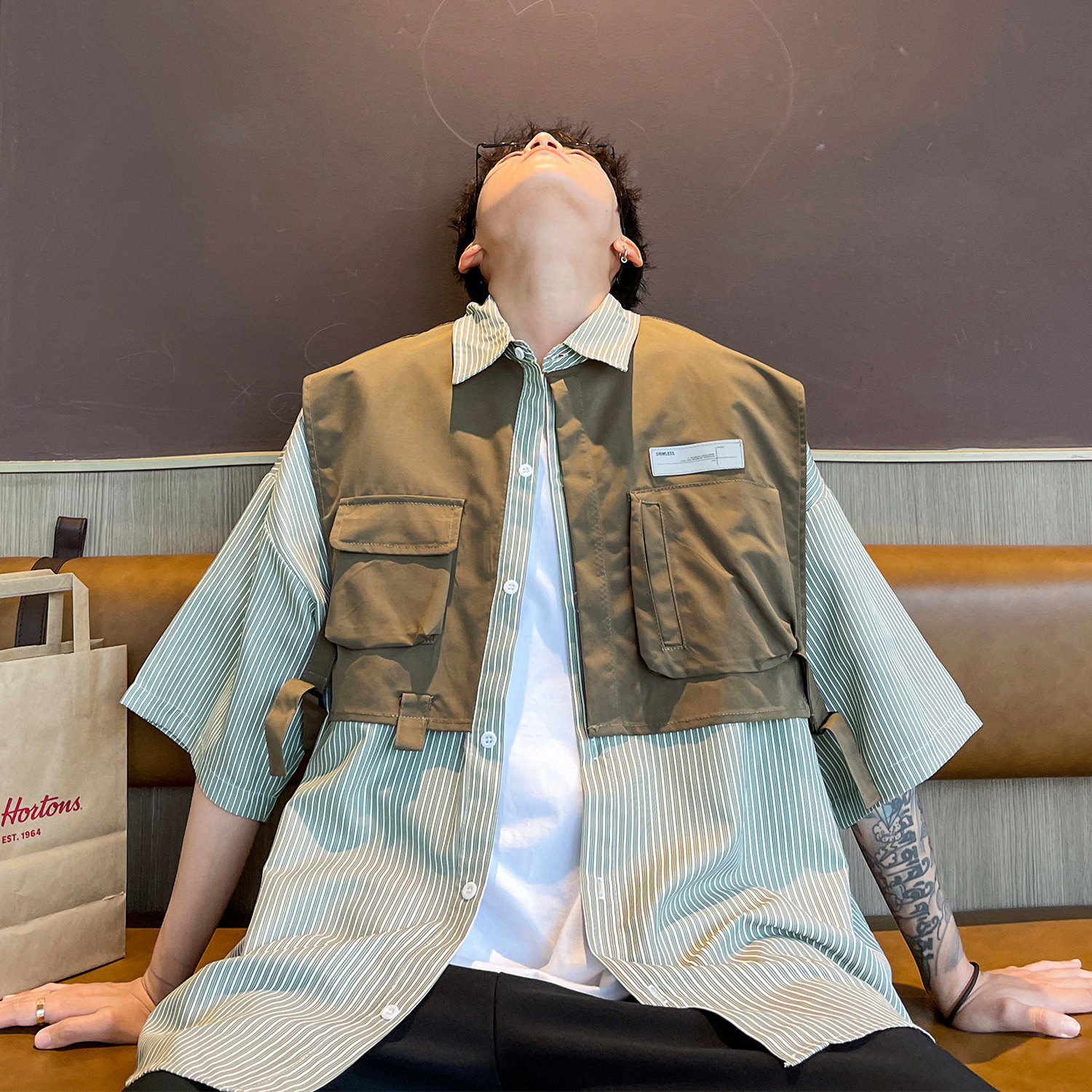主推 条纹拼接假两件短袖衬衫潮小众工装衬衣 H851 P68 控88 男图片