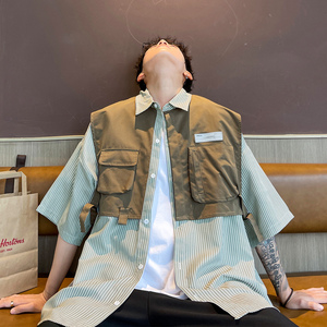 主推 条纹拼接假两件短袖衬衫潮小众工装衬衣 H851 P68 控88 男图片