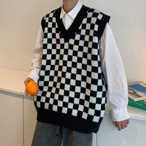 中性风秋冬装 v领棋盘格无袖背心宽松情侣毛衣 H680 P65控78 女类图片