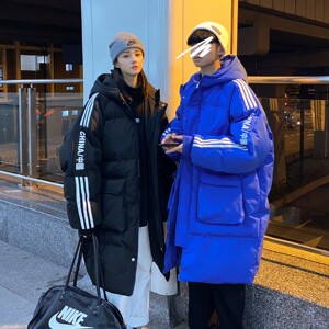 情侣装冬装 克莱因蓝连帽拼接印花长款情侣棉衣外套 H591P168男类图片