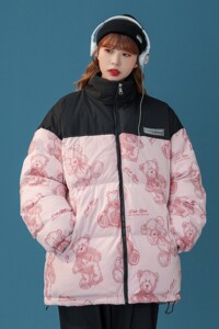 中性风冬装 涂鸦熊卡通拼接情侣棉衣加厚外套 H691 P128女类图片