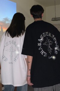 主推情侣装夏装 十字架烫钻高街宽松情侣短袖T恤大码H742 P38女类图片
