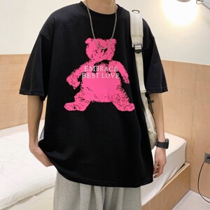 港风夏装手绘小熊印花情侣短袖T恤ins宽松半袖H720P30女类
