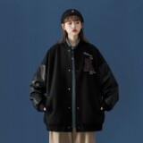 中性风宽松新款PU皮拼接呢料棒球服情侣外套H572P118男类，男装夹克，电商A341