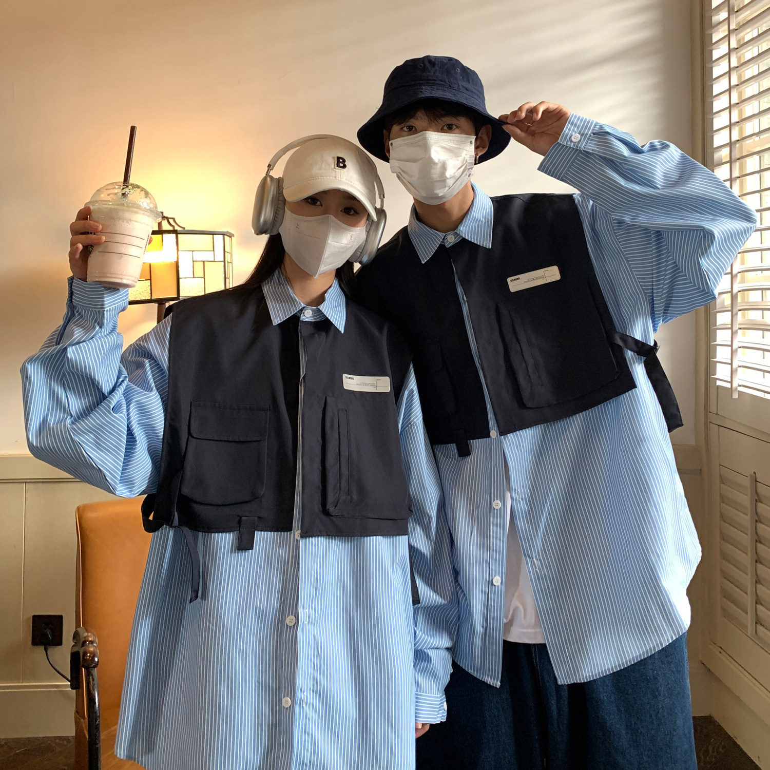 23潮情侣装条纹假两件长袖情侣衬衫工装衬衣H753P78控98男,男装衬衫,电商A341