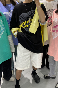 主推oversize 情侣装夏装 网格爱心情侣短袖中性T恤H627 P30 女类图片