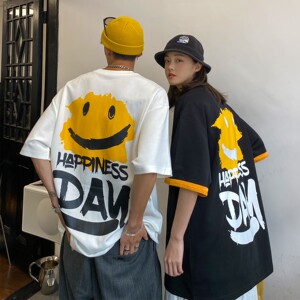 情侣装夏季 笑脸印花宽松情侣短袖T恤衫上衣 H636 P30女类图片