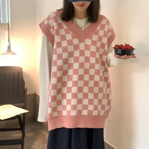 中性风秋冬装 v领棋盘格无袖背心宽松情侣毛衣 H680 P65控78 女类图片