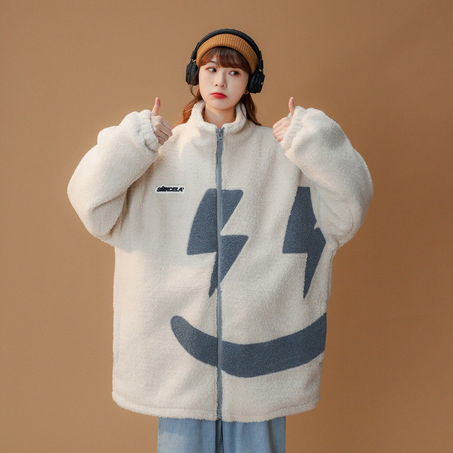 中性冬装绣花笑脸羊羔毛情侣棉衣加厚外套H679P118控148女类，女装棉衣/棉服，电商A341