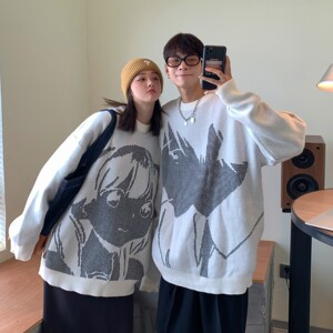 主推 情侣装潮 卡通动漫圆领套头针织情侣毛衣 H675 P78 女类图片
