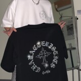 主推情侣装夏装十字架烫钻高街宽松情侣短袖T恤大码H742P38女类，男装T恤，电商A341