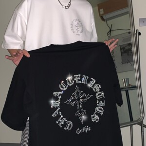 主推情侣装夏装 十字架烫钻高街宽松情侣短袖T恤大码H742 P38女类图片