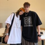 情侣装夏装潮高街烫钻字母印花宽松情侣短袖大码T恤H708P35女类，女装T恤，电商A341
