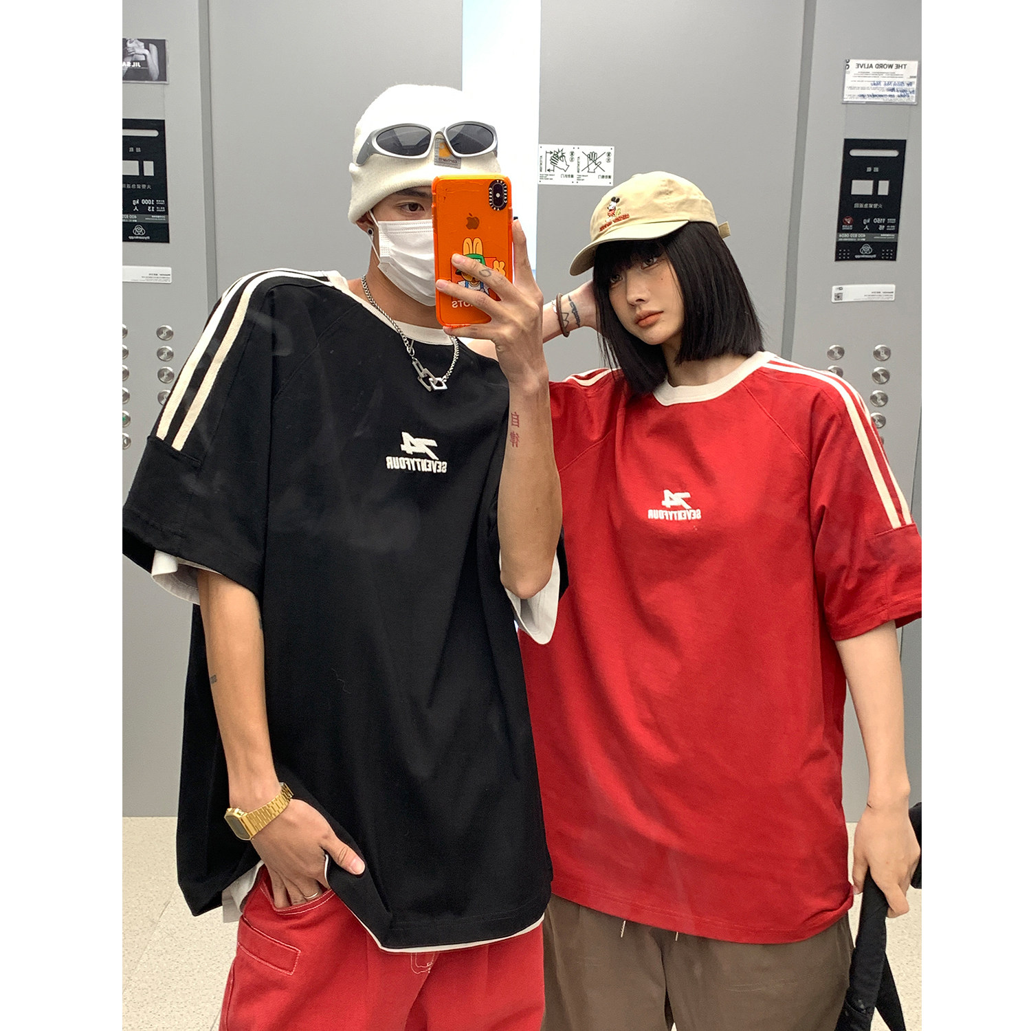 主推情侣装复古织带运动型情侣短袖T恤衫插肩袖体恤H825P38男,男装T恤,电商A341