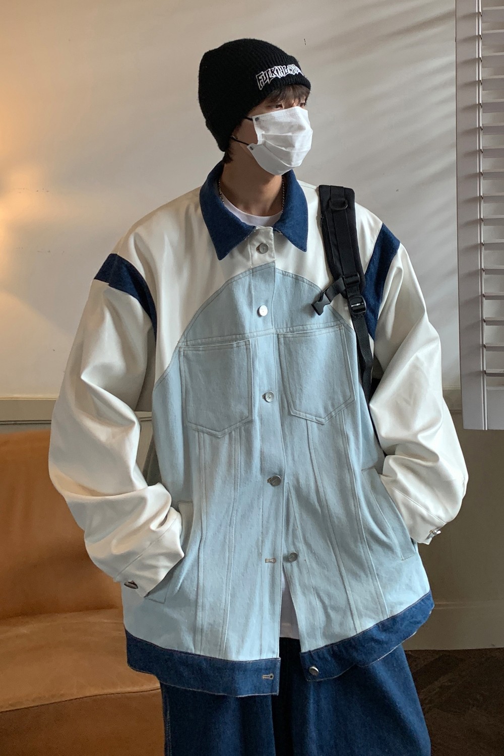 2023秋装新款设计高级小众牛仔外套拼接皮情侣夹克H755P108男,男装夹克,电商A341