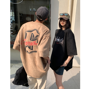情侣装高街潮设计鹿皮绒印花情侣短袖T恤上衣男H828P35控