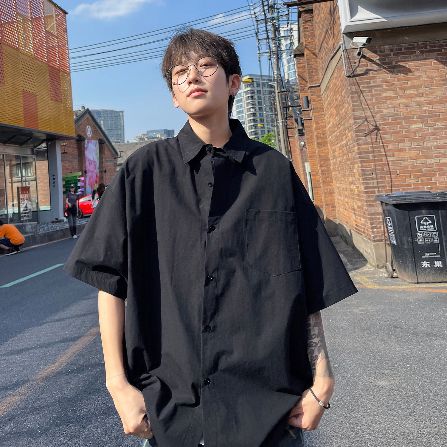 2023夏季新品 机车拼接短袖衬衫宽松休闲学院风衬衣男 H857 P48图片