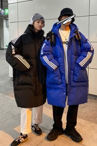 情侣装冬装 克莱因蓝连帽拼接印花长款情侣棉衣外套 H591P168女类图片