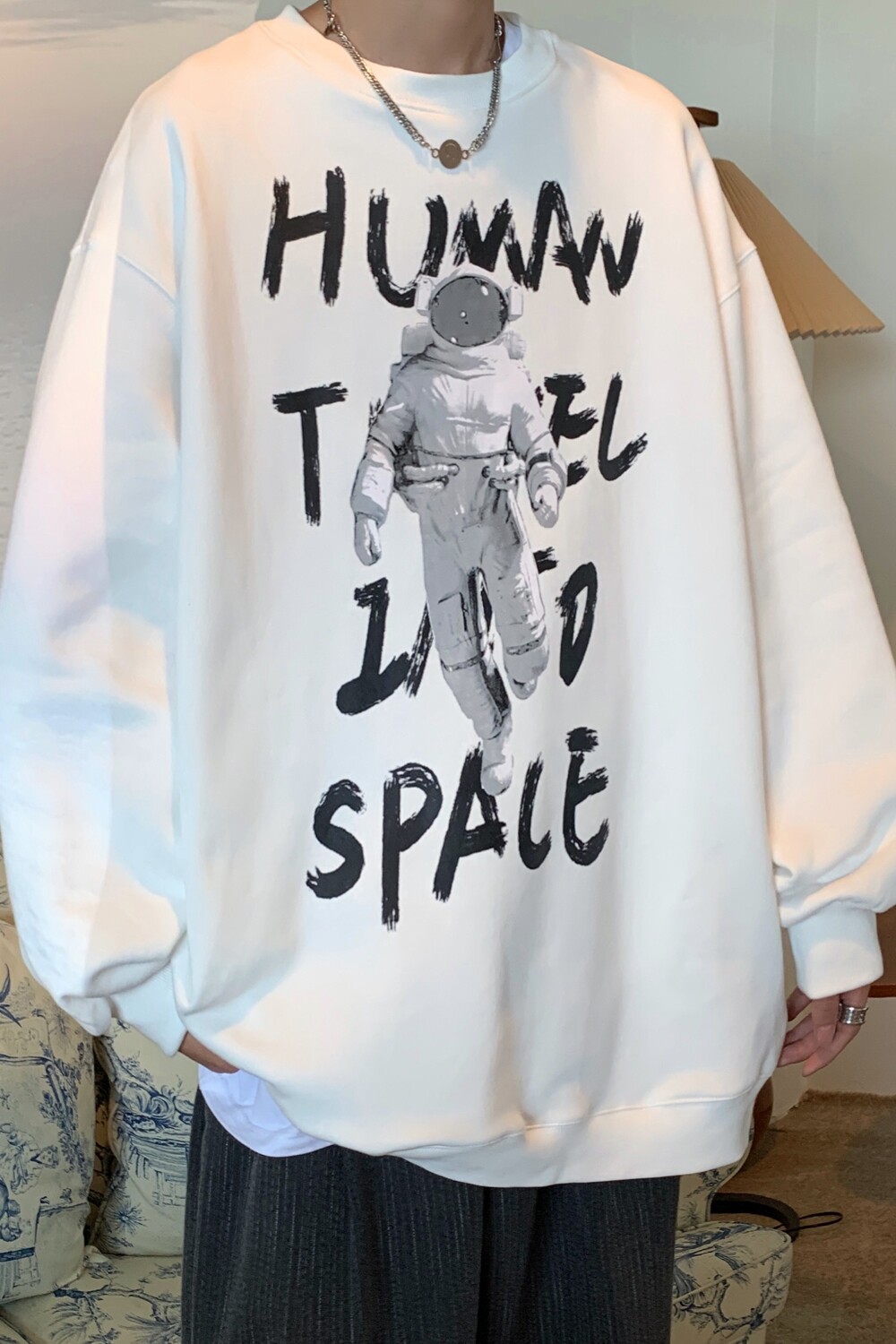 21秋季大码涂鸦宇航员印花圆领情侣卫衣潮牌上衣H655P45控58,男装卫衣,电商A341