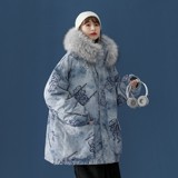 中性風(fēng)冬裝涂鴉熊大毛領(lǐng)加厚情侶棉衣oversize外套H577P138女類，女裝羽絨服，電商A341