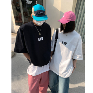 情侣装夏装潮美式发泡印花情侣短袖T恤重磅宽松体恤男H826P30