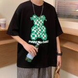 港风夏装棋盘格小熊印花情侣短袖T恤宽松半袖H719P30女类，男装T恤，电商A341