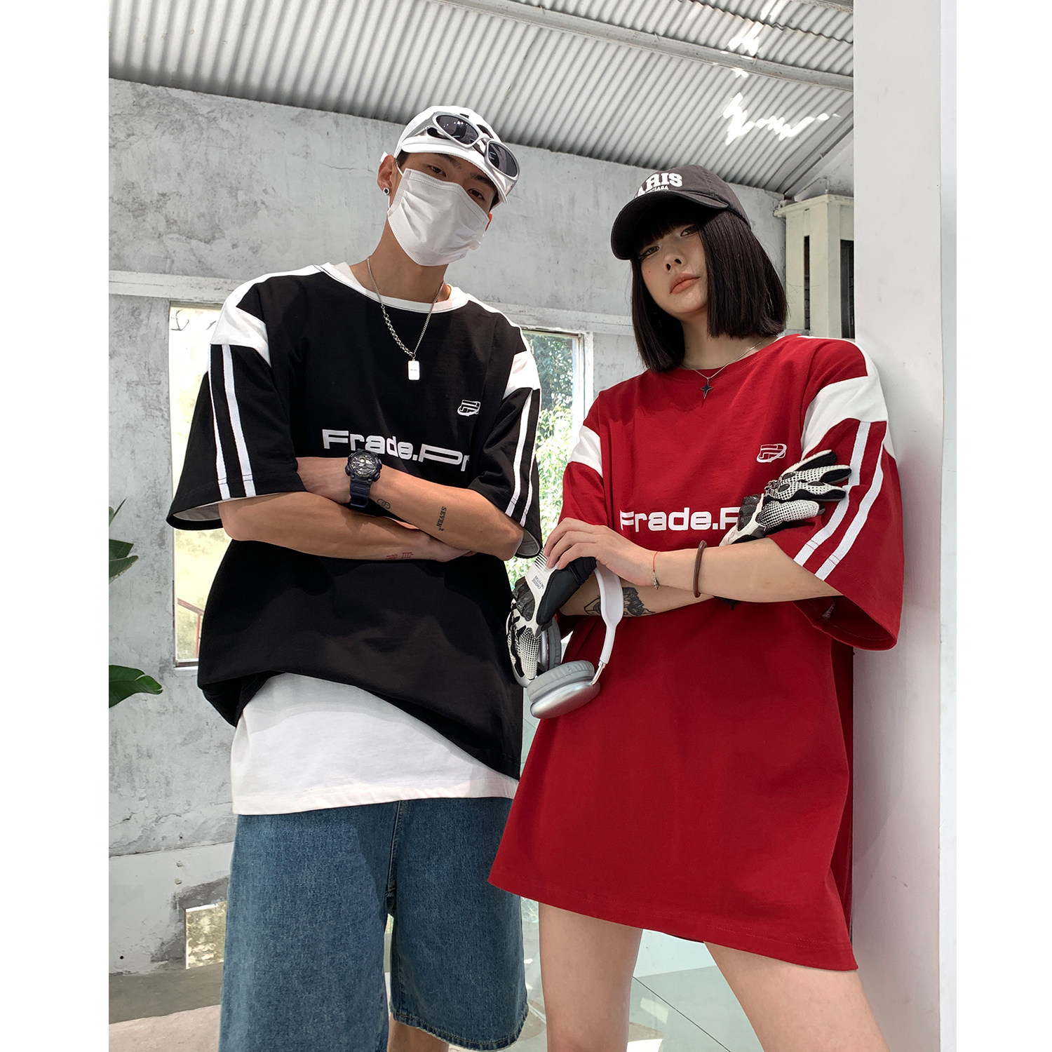 2023美式复古撞色拼接运动情侣短袖宽松T恤印花上衣H842P38,男装T恤,电商A341