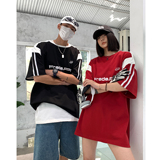 2023美式复古撞色拼接运动情侣短袖宽松T恤印花上衣H842P38，男装T恤，电商A341