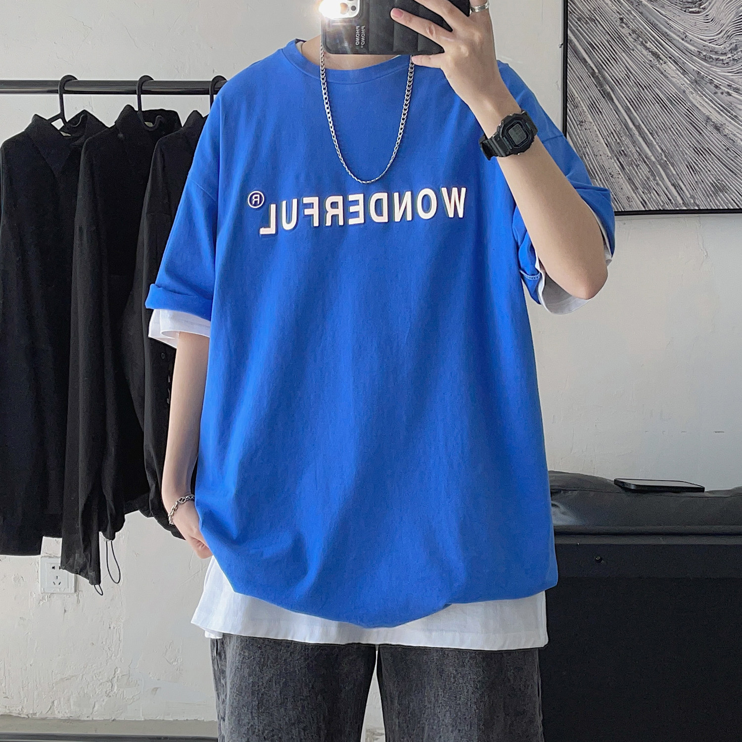 21夏季新品立体浮雕反光短袖T恤男潮流港风糖果色半袖H605P38,男装T恤,电商A341