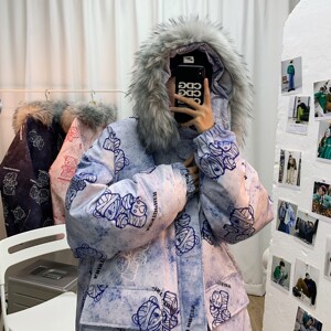 冬装 涂鸦脏脏熊大毛领加厚连帽情侣棉衣外套 H577 P138 女类图片