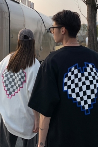 2023夏装 棋盘格爱心印花情侣短袖T恤宽松大码 H734 P35 男类图片