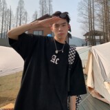 2022港风夏装鹿皮绒印花情侣短袖t恤宽松上衣H731P35女类，男装T恤，电商A341