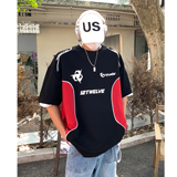 重磅美式高街宽松机车服撞色情侣短袖T恤印花半袖男H854P48，男装T恤，电商A341