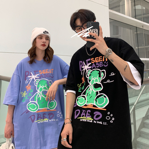 情侣装夏装新涂鸦熊印花情侣短袖T恤宽松圆领半袖H608P35女类,宽松半袖女t恤搭配图片