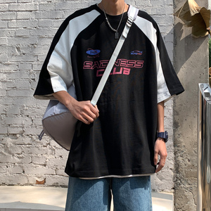 2023潮街头插肩袖撞色赛车服情侣短袖T恤印花上衣男 H834 P38图片