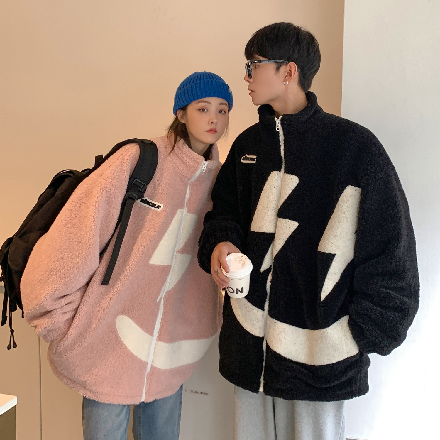 港风冬装绣花笑脸羊羔毛情侣棉衣加厚外套H679P118控148男类,男装棉衣,电商A341