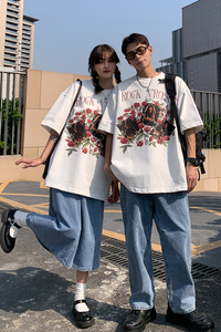 情侣装夏装  复古玫瑰花印花情侣短袖T恤衫大码宽松 H743 P30男类图片