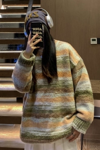 中性风 美式复古慵懒风圆领套头情侣毛衣撞色针织衫男女 H907 P78图片