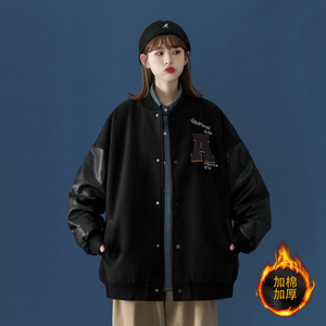 中性风冬装PU皮拼接呢料棒球服情侣棉衣加厚外套H572-1P125女