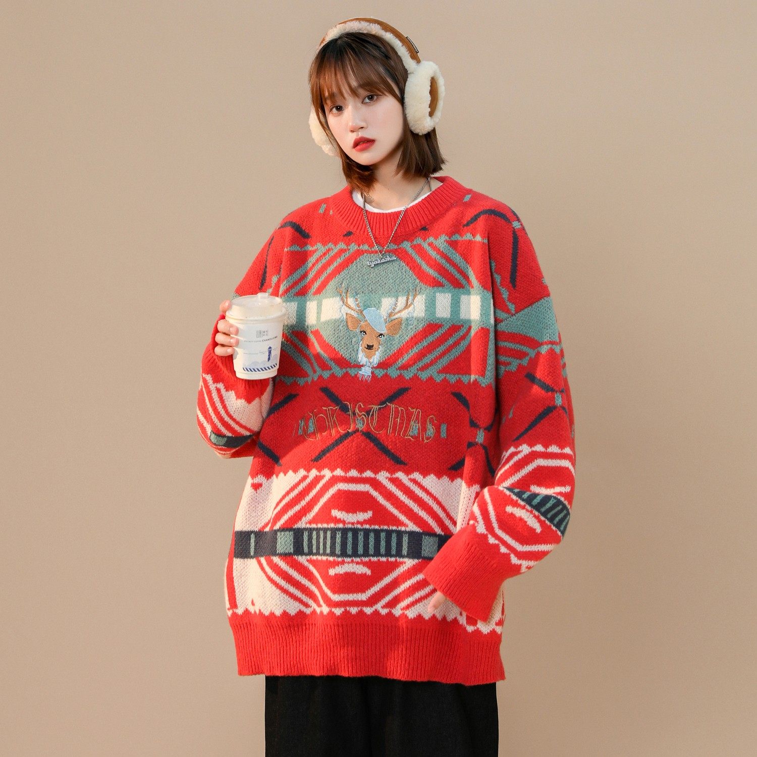 主推 中性风冬装 圣诞小鹿绣花情侣毛衣加厚外套 H696 P78 女类图片