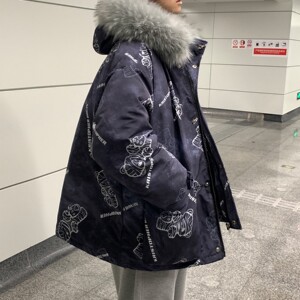 冬装 ins涂鸦熊大毛领加厚情侣棉衣外套 H577 P138控168女类图片